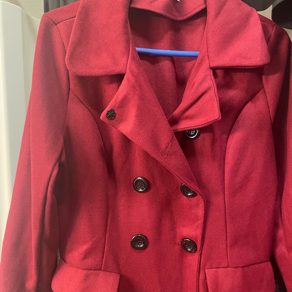 Elegant Burgundy Long Double-Breasted Pea Coat